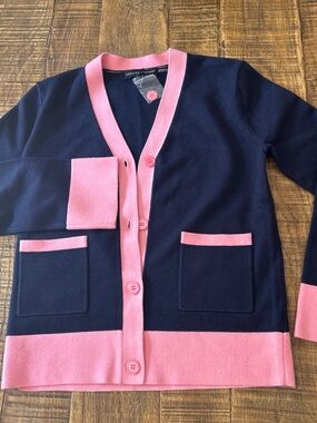 English Factory Navy Cardigan with Pink Trim and Button